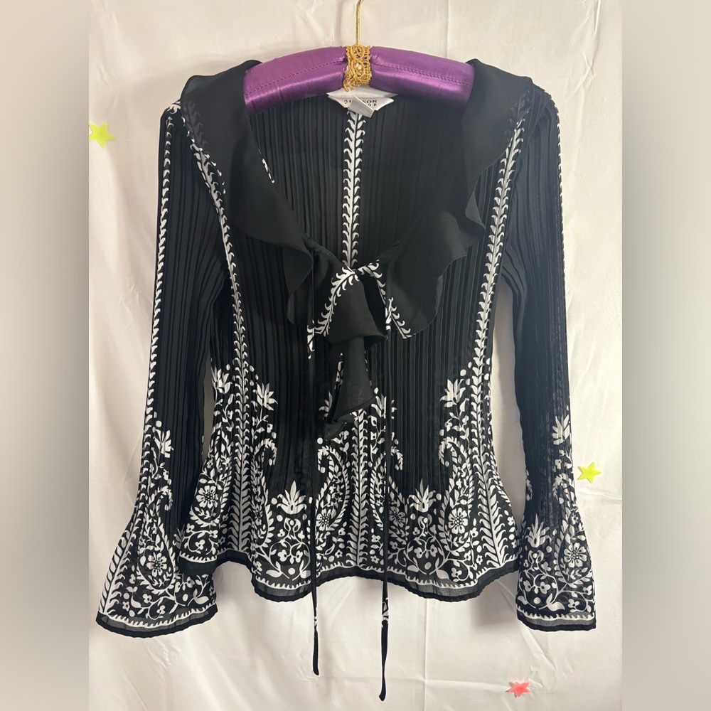 Retro Semi Sheer Bell Sleeve Flare Ruffled Blouse Black+White Boho Print Size S